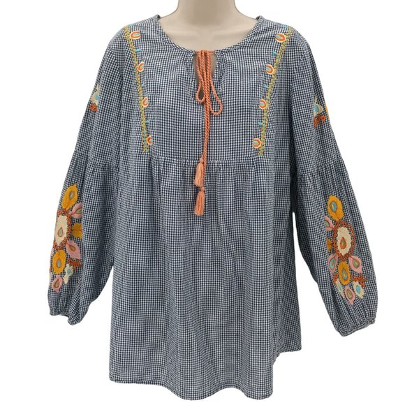Chadwicks Tops - Chadwicks Womens Blue White Checked Embroidered Balloon Long Sleeve Tunic L
